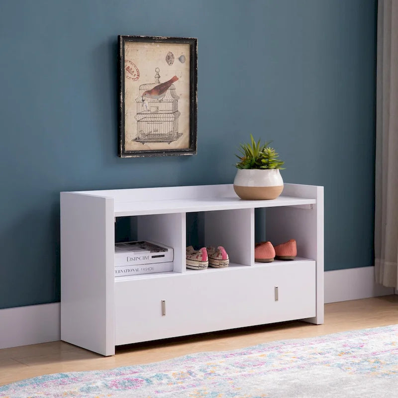 Banc à chaussures blanc pour entrée, meuble de rangement à trois étagères avec tiroir