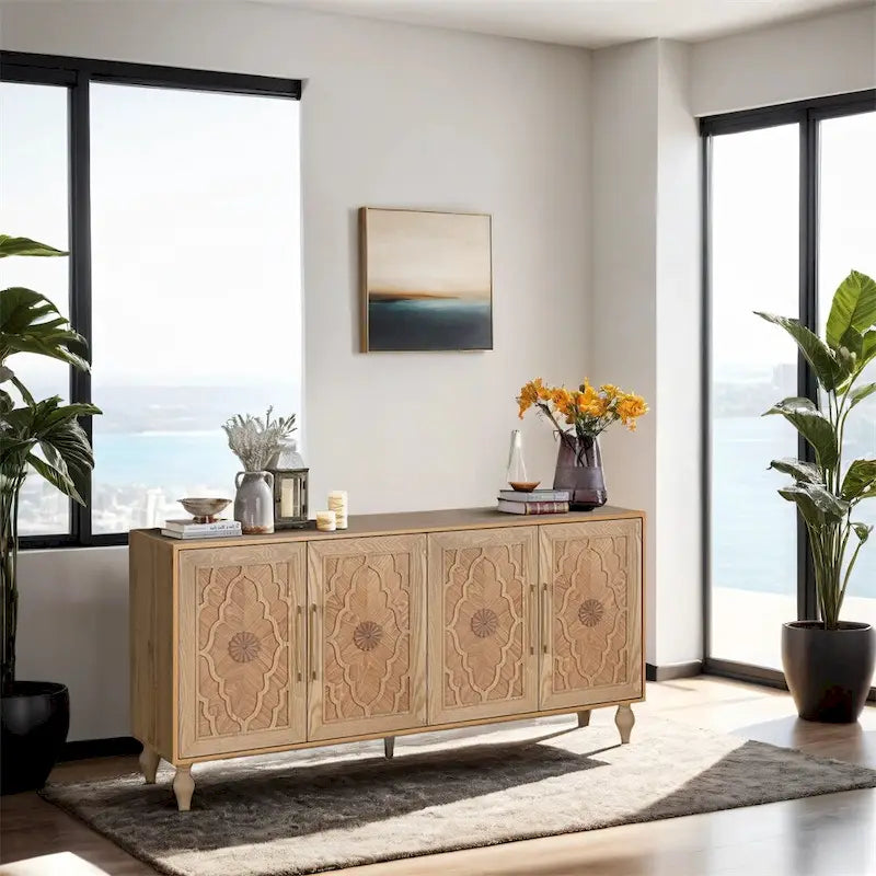 Carved Flower Door Large Storage Cabinet With Metal Handle