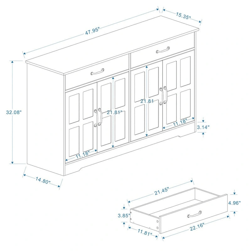 Buffet de style campagnard avec 2 tiroirs et 4 portes