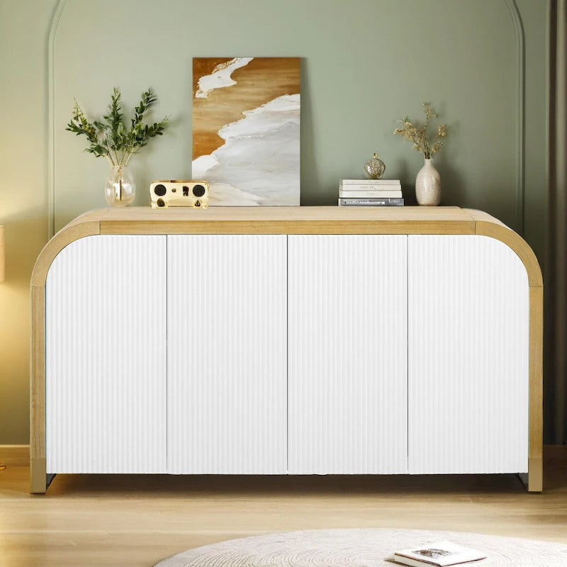 Meuble à quatre portes d'angle arrondies avec panneaux ondulés et étagères réglables, idéal pour un bureau, un salon ou une entrée.