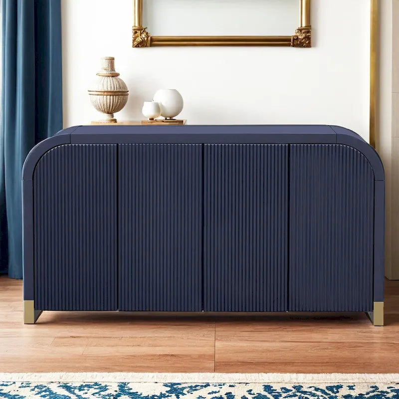 Meuble à quatre portes d'angle arrondies avec panneaux ondulés et étagères réglables, idéal pour un bureau, un salon ou une entrée.