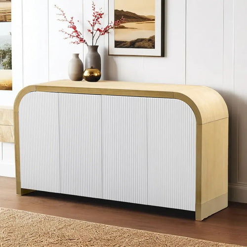 Meuble à quatre portes d'angle arrondies avec panneaux ondulés et étagères réglables, idéal pour un bureau, un salon ou une entrée.