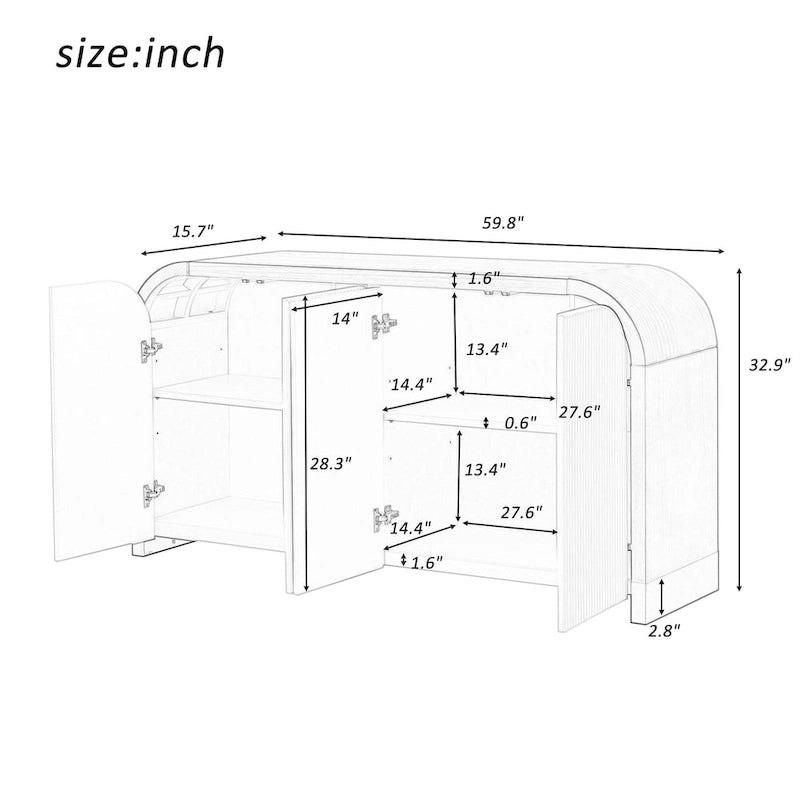 Meuble à quatre portes d'angle arrondies avec panneaux ondulés et étagères réglables, idéal pour un bureau, un salon ou une entrée.