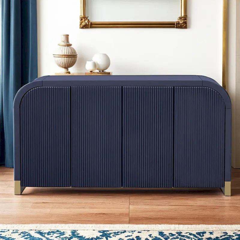 Meuble à quatre portes d'angle arrondies avec panneaux ondulés et étagères réglables, idéal pour un bureau, un salon ou une entrée.