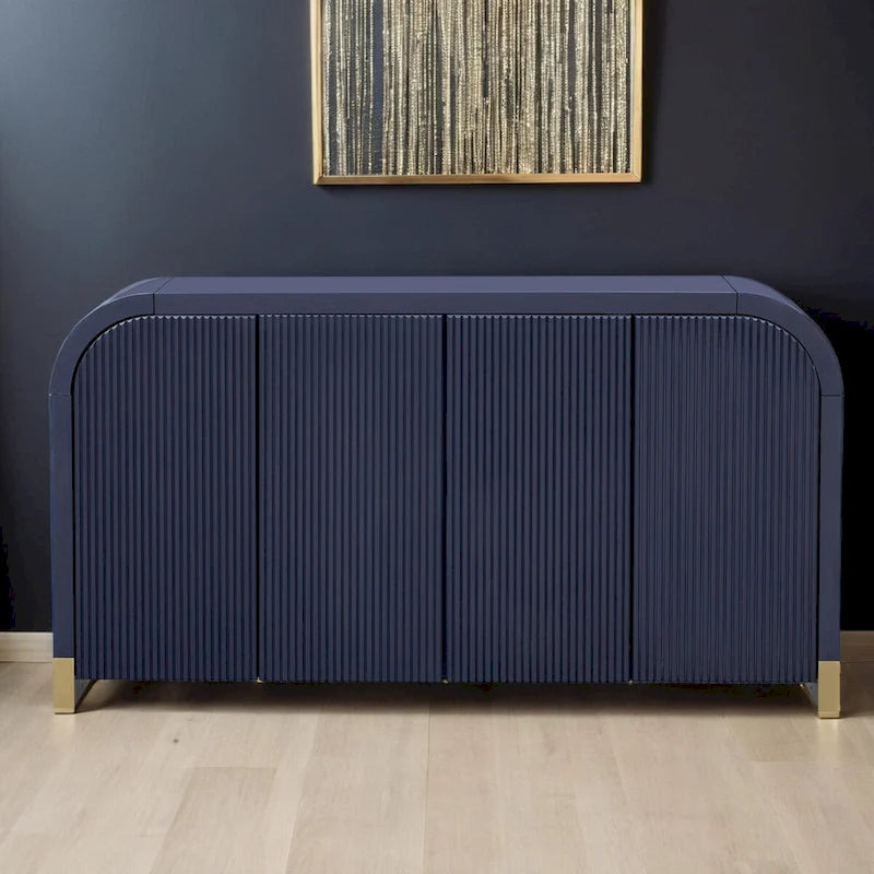 Meuble à quatre portes d'angle arrondies avec panneaux ondulés et étagères réglables, idéal pour un bureau, un salon ou une entrée.