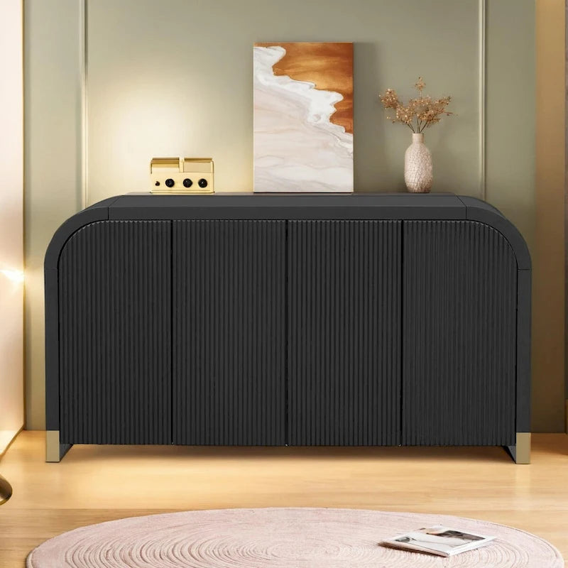 Meuble à quatre portes d'angle arrondies avec panneaux ondulés et étagères réglables, idéal pour un bureau, un salon ou une entrée.