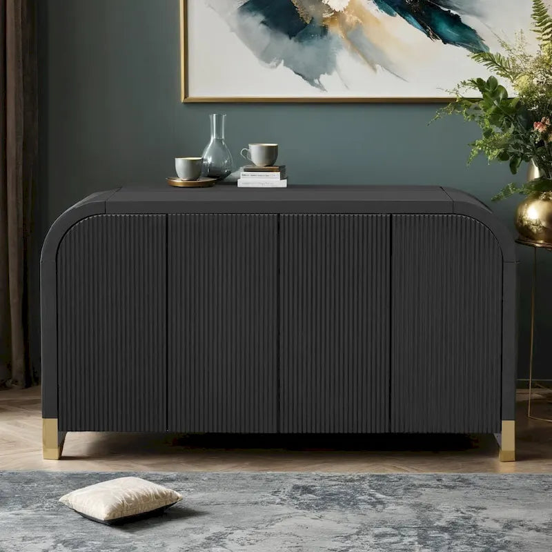 Meuble à quatre portes d'angle arrondies avec panneaux ondulés et étagères réglables, idéal pour un bureau, un salon ou une entrée.