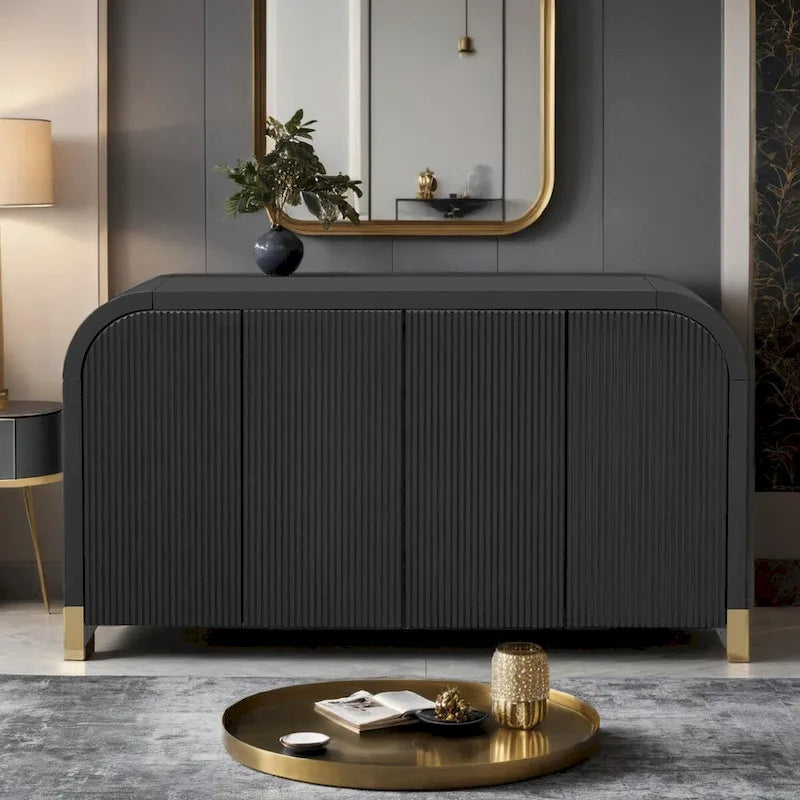 Meuble à quatre portes d'angle arrondies avec panneaux ondulés et étagères réglables, idéal pour un bureau, un salon ou une entrée.