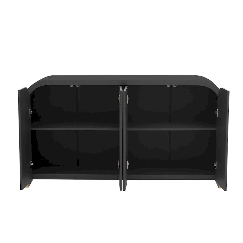 Meuble à quatre portes d'angle arrondies avec panneaux ondulés et étagères réglables, idéal pour un bureau, un salon ou une entrée.