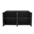 Meuble à quatre portes d'angle arrondies avec panneaux ondulés et étagères réglables, idéal pour un bureau, un salon ou une entrée.