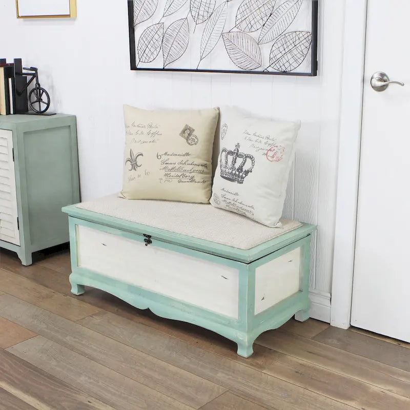 Seafoam Green Wooden Shabby Bench Chest with Seat Cushion - L: 36 x W: 16.5 x H: 15