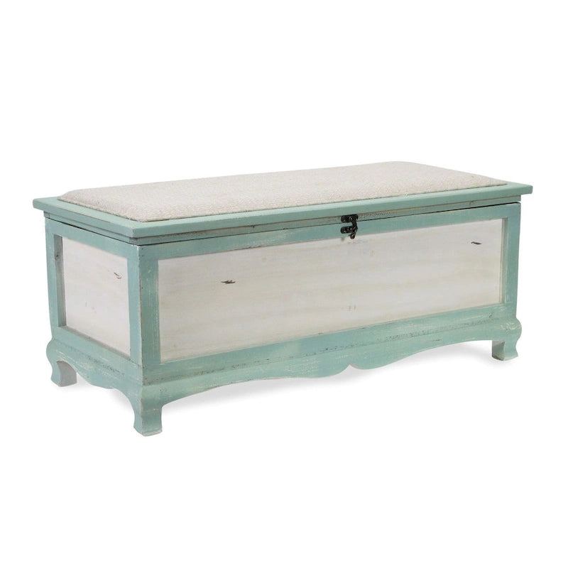 Coffre-banc en bois vert d'eau style shabby chic avec coussin d'assise - L : 36 x l : 16,5 x H : 15