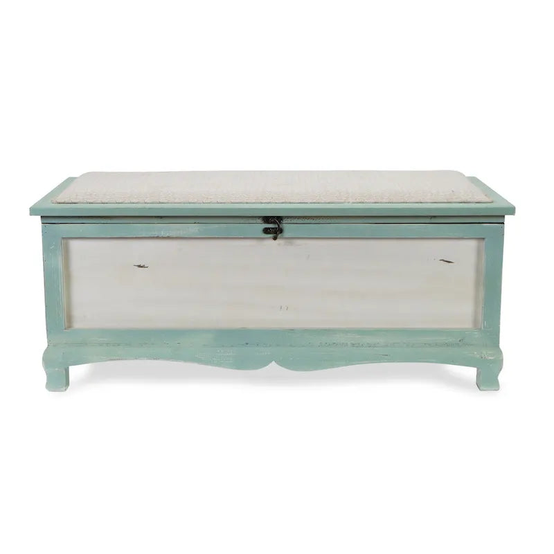 Coffre-banc en bois vert d'eau style shabby chic avec coussin d'assise - L : 36 x l : 16,5 x H : 15