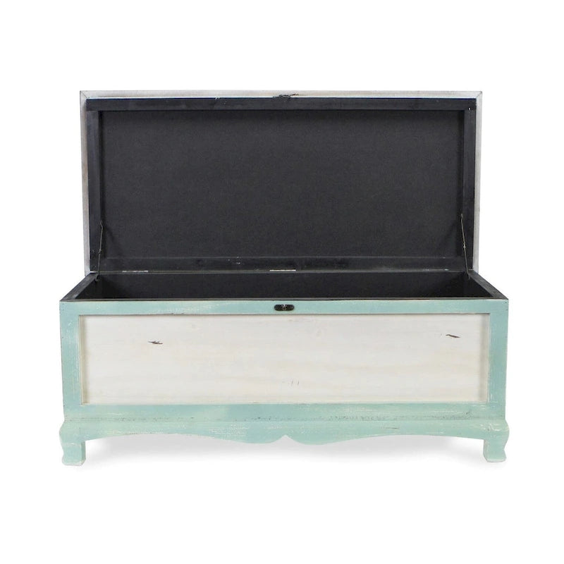 Coffre-banc en bois vert d'eau style shabby chic avec coussin d'assise - L : 36 x l : 16,5 x H : 15