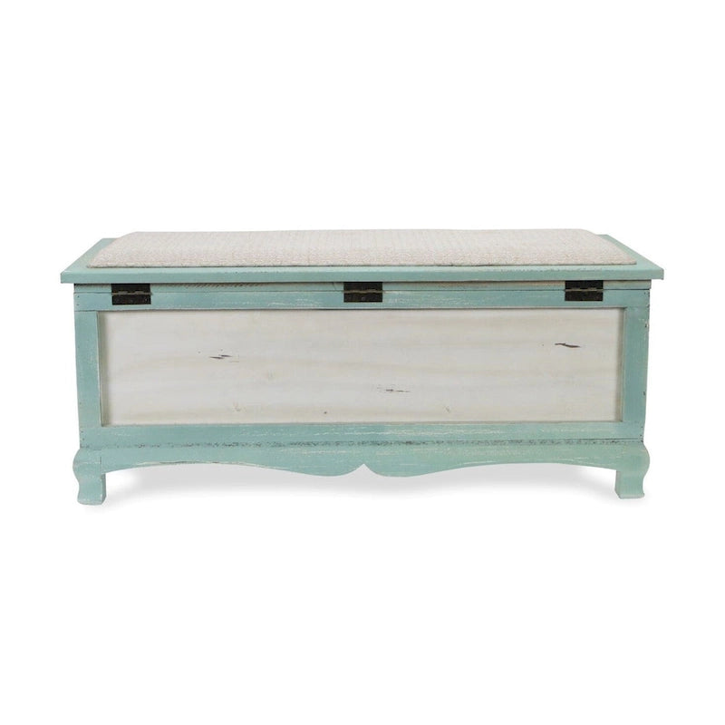 Coffre-banc en bois vert d'eau style shabby chic avec coussin d'assise - L : 36 x l : 16,5 x H : 15