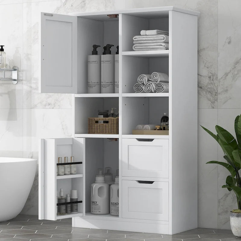 Meuble de rangement pour salle de bain avec 2 portes, 2 tiroirs, une étagère ouverte et une étagère réglable