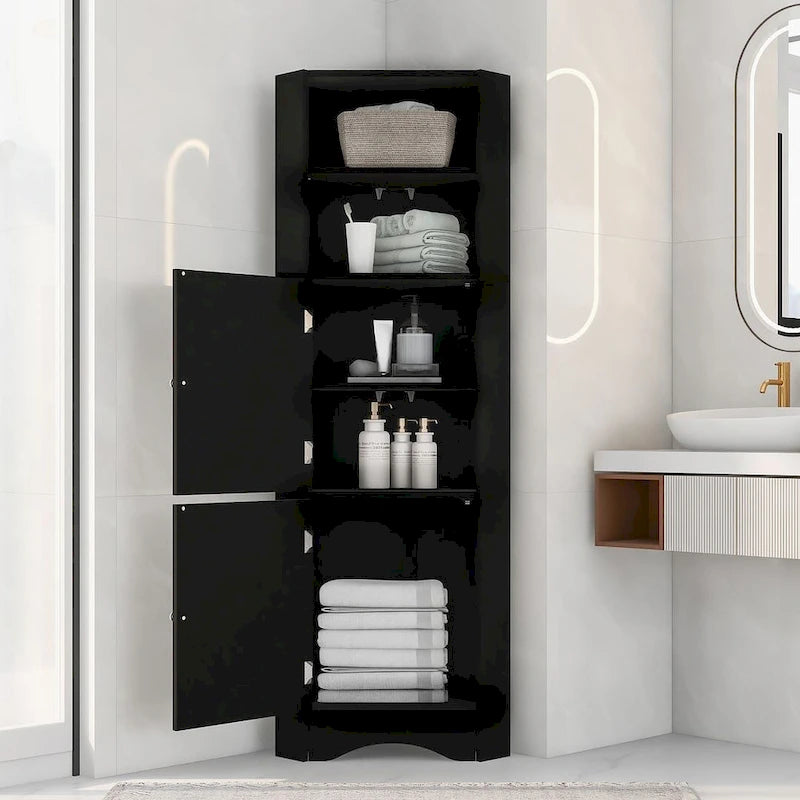 Meuble de rangement pour salle de bain, armoire d'angle haute avec 2 portes et 4 étagères à niveaux