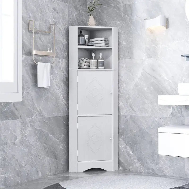 Meuble de rangement pour salle de bain, armoire d'angle haute avec 2 portes et 4 étagères à niveaux