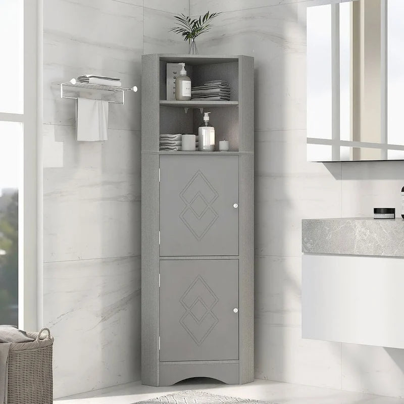 Meuble de rangement pour salle de bain, armoire d'angle haute avec 2 portes et 4 étagères à niveaux