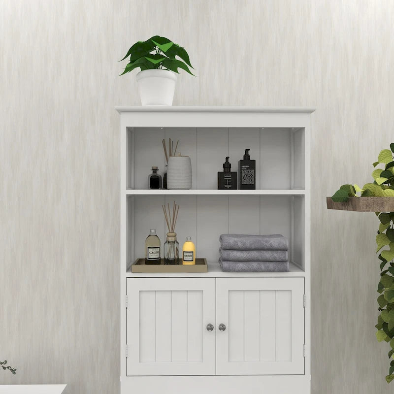 Étagère de rangement à 2 niveaux pour toilettes et salle de bain, gain de place, avec 2 portes, en bois.