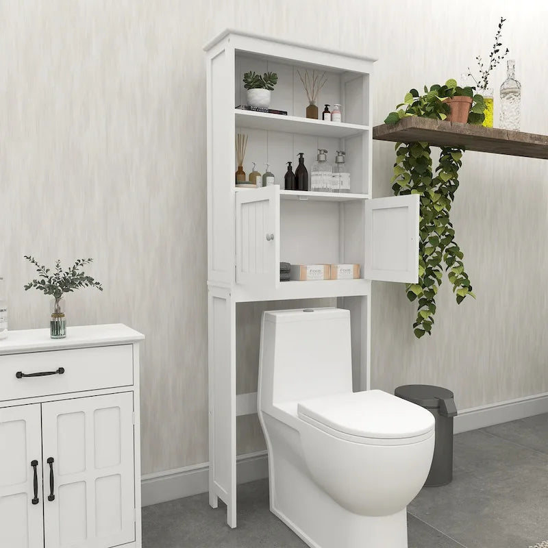 Étagère de rangement à 2 niveaux pour toilettes et salle de bain, gain de place, avec 2 portes, en bois.