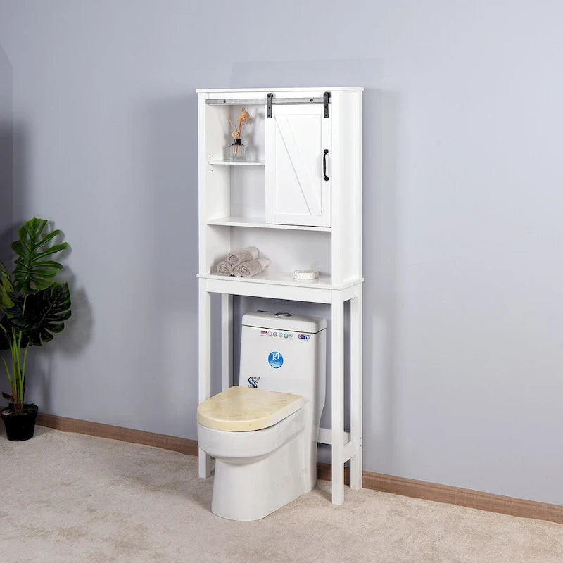 Meuble de rangement de salle de bain en bois blanc à placer au-dessus des toilettes, avec étagères réglables