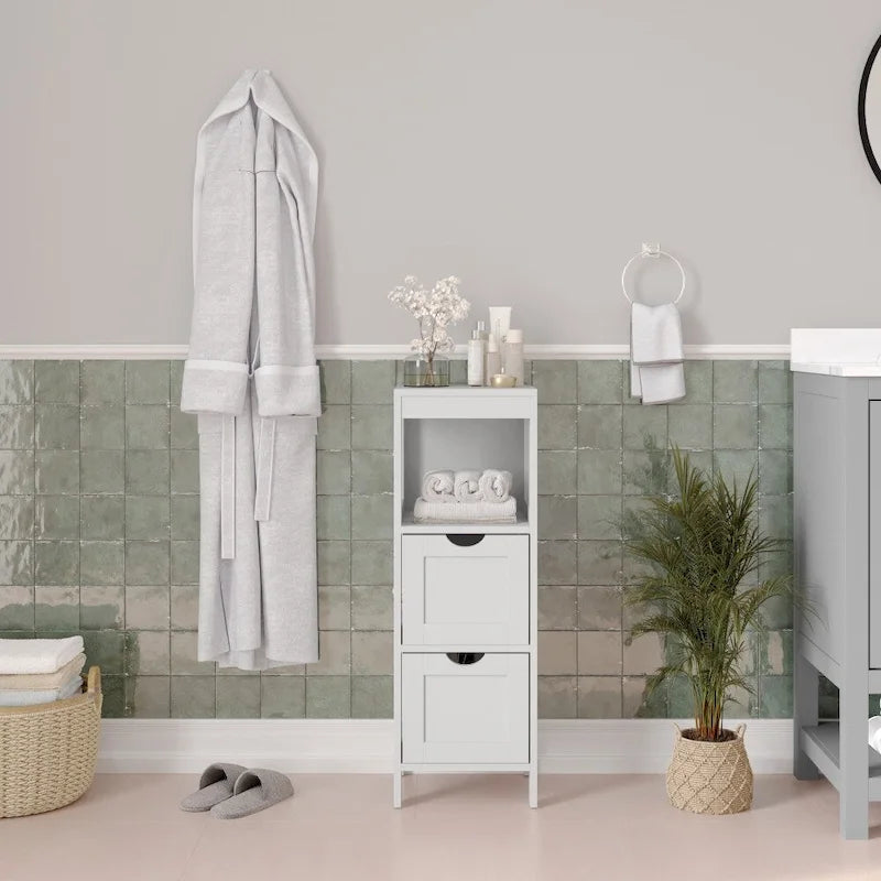 Meuble de rangement au sol avec 2 tiroirs, une étagère ouverte et des patins de protection.