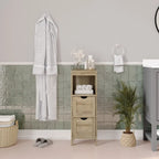 Meuble de rangement au sol avec 2 tiroirs, une étagère ouverte et des patins de protection.