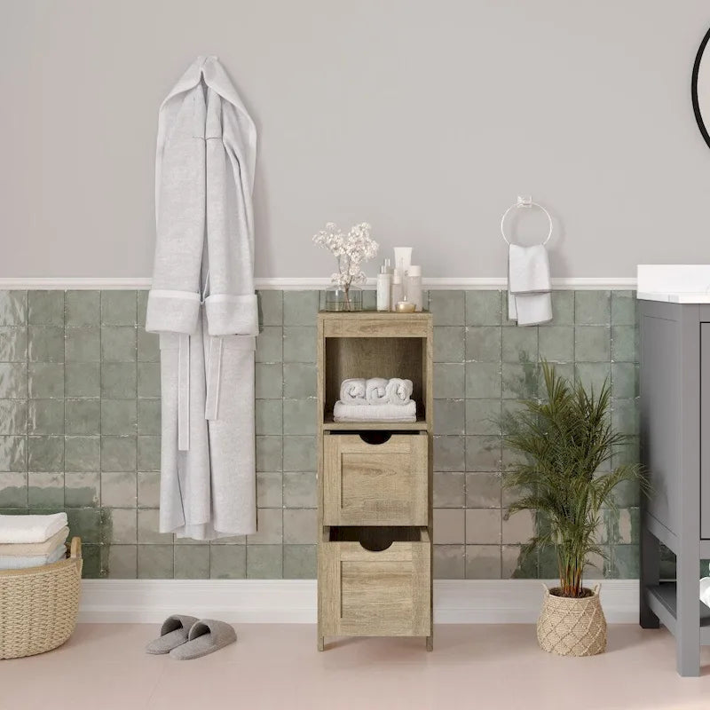 Meuble de rangement au sol avec 2 tiroirs, une étagère ouverte et des patins de protection.