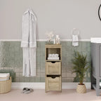 Meuble de rangement au sol avec 2 tiroirs, une étagère ouverte et des patins de protection.