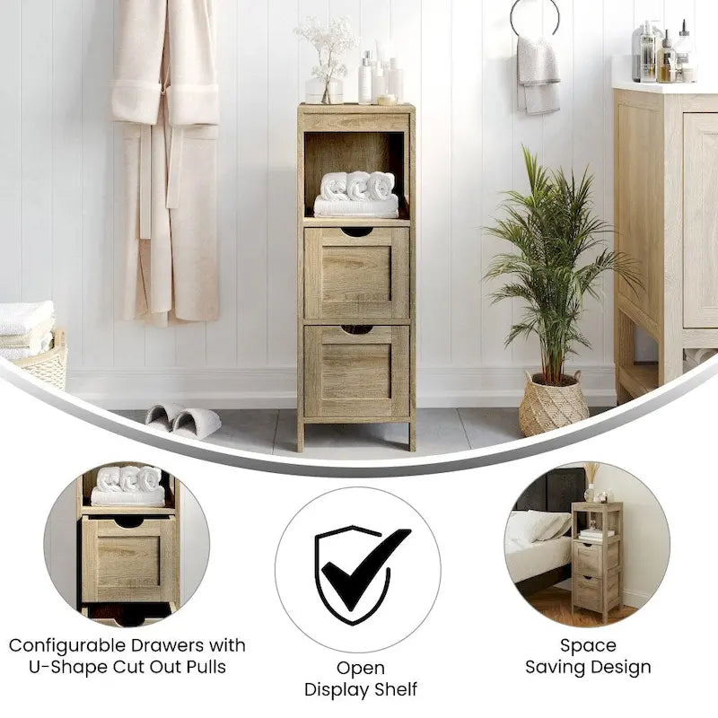 Meuble de rangement au sol avec 2 tiroirs, une étagère ouverte et des patins de protection.