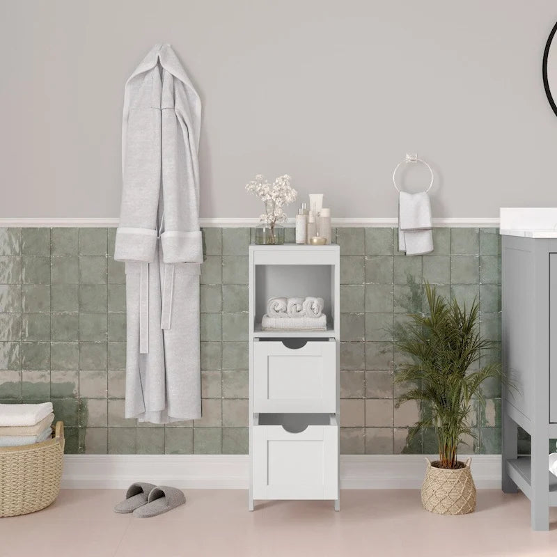 Meuble de rangement au sol avec 2 tiroirs, une étagère ouverte et des patins de protection.