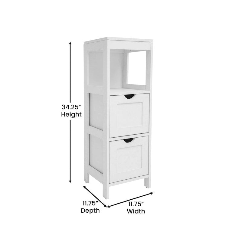 Meuble de rangement au sol avec 2 tiroirs, une étagère ouverte et des patins de protection.