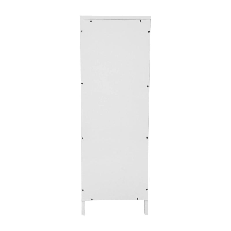 Meuble de rangement au sol avec 2 tiroirs, une étagère ouverte et des patins de protection.