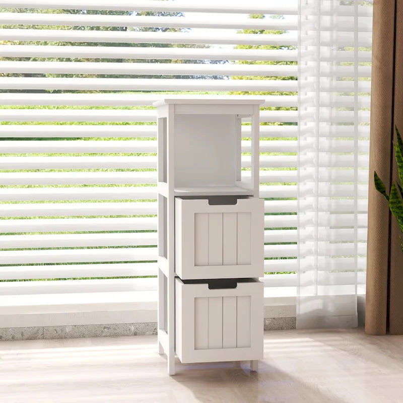 Meuble de salle de bain au sol avec 2 tiroirs et 1 étagère de rangement