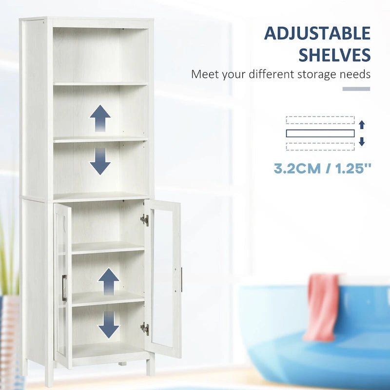 Armoire de rangement haute pour salle de bain avec étagère à 3 niveaux, porte vitrée, colonne à linge autoportante avec étagères réglables