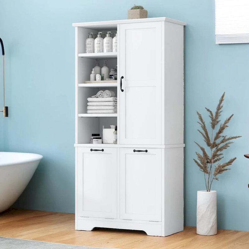 Bathroom Storage Cabinet with Doors and Drawers,Tilt-Out Laundry Hamper, Multiple Storage Space,Adjustable Shelf,White