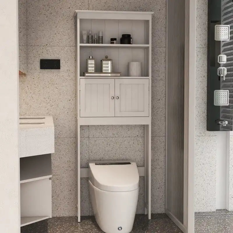 Meuble de rangement pour toilettes, organisateur de salle de bain avec deux étagères et un placard, étagère de rangement en bois autoportante à 2 portes