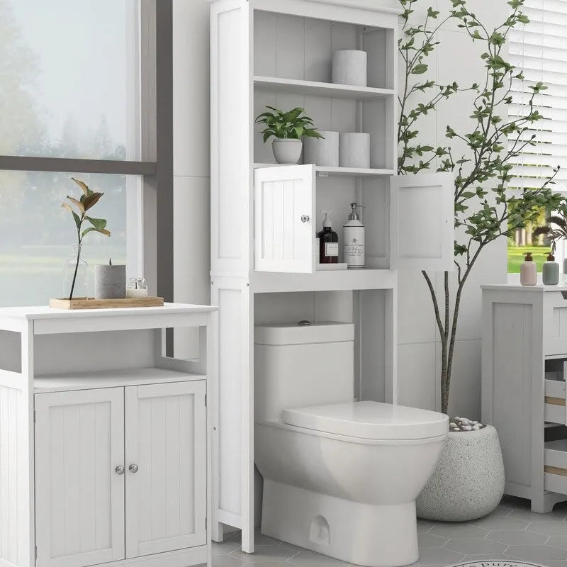 Meuble de rangement pour toilettes, organisateur de salle de bain avec deux étagères et un placard, étagère de rangement en bois autoportante à 2 portes