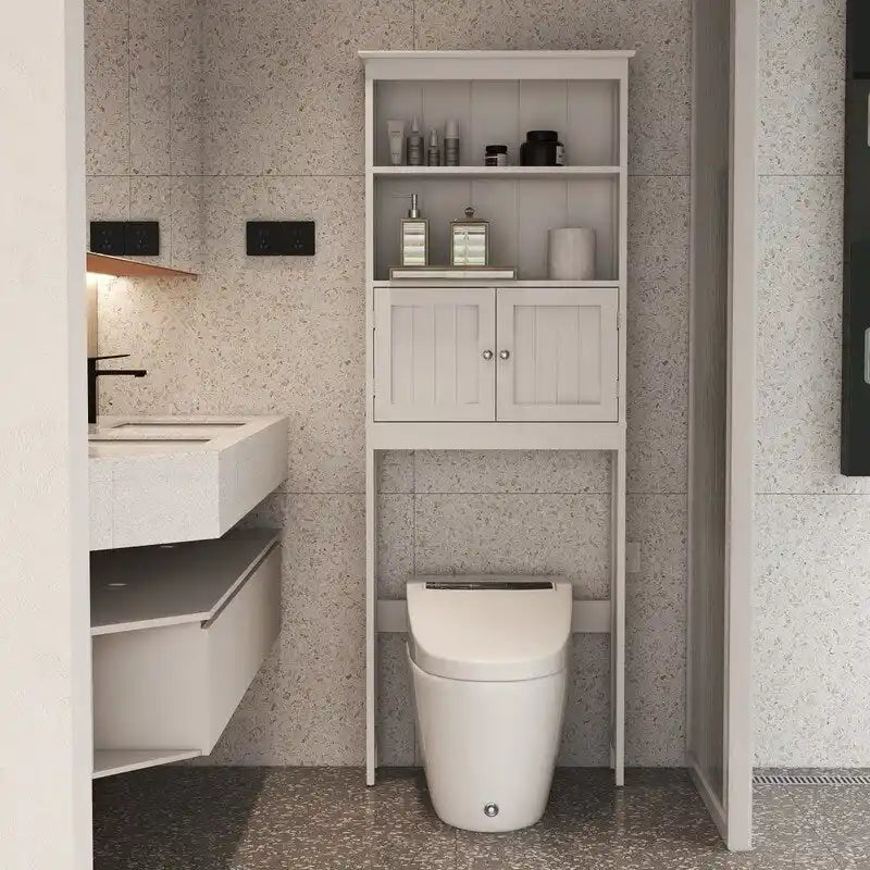 Meuble de rangement pour toilettes, organisateur de salle de bain avec deux étagères et un placard, étagère de rangement en bois autoportante à 2 portes