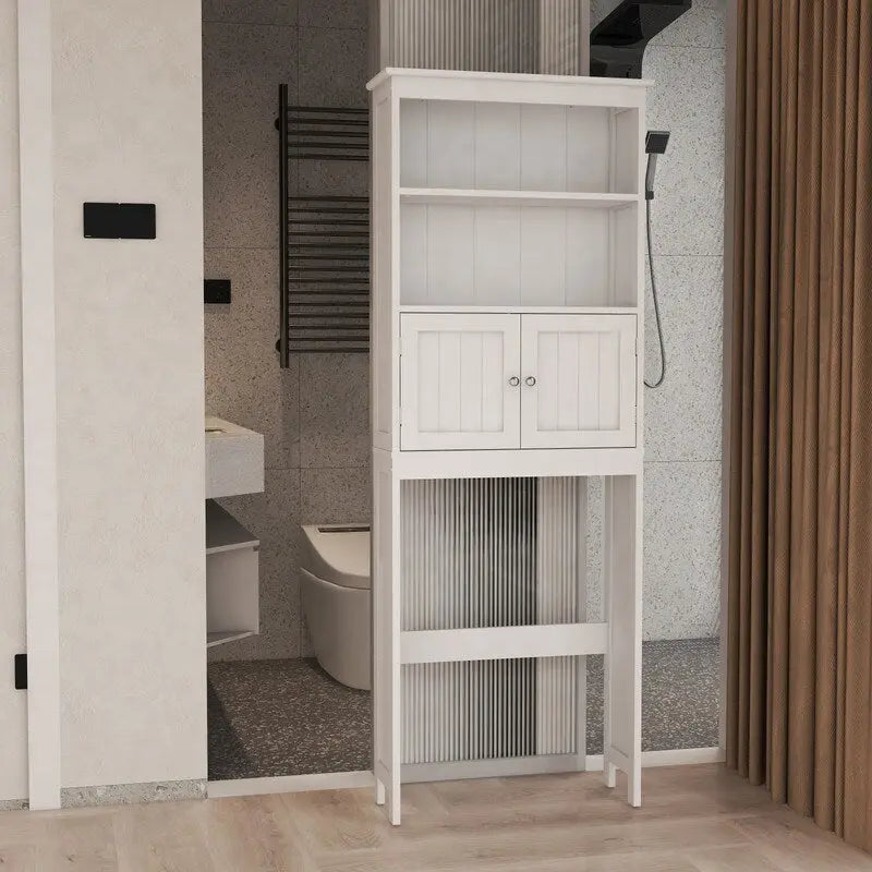 Meuble de rangement pour toilettes, organisateur de salle de bain avec deux étagères et un placard, étagère de rangement en bois autoportante à 2 portes