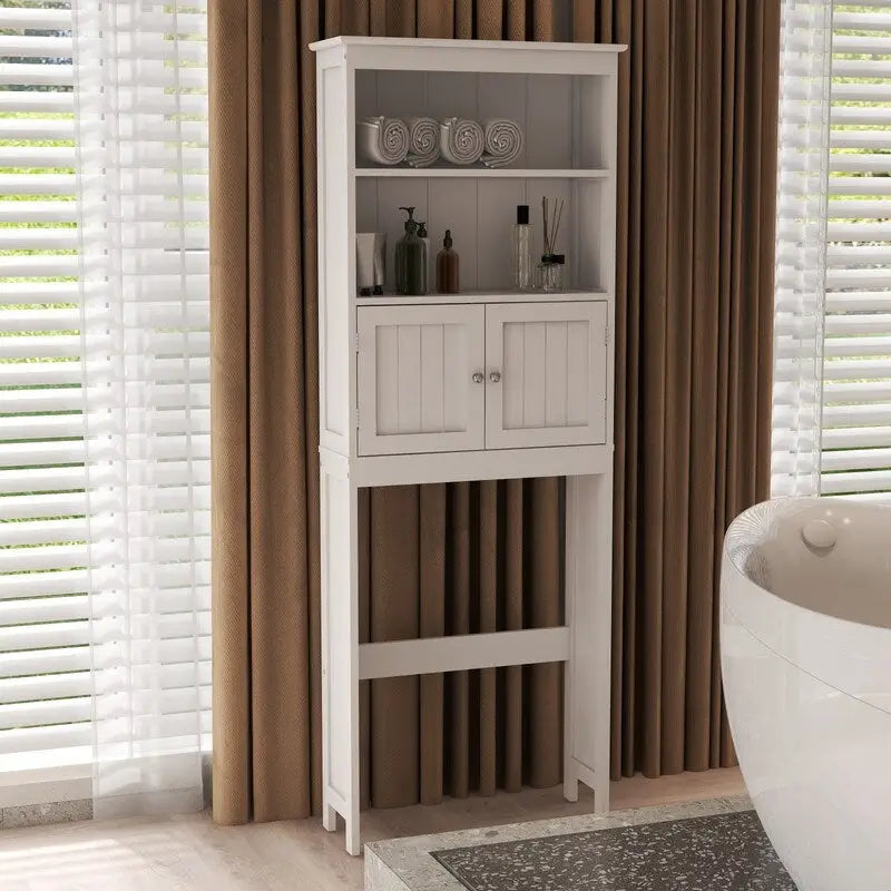 Meuble de rangement pour toilettes, organisateur de salle de bain avec deux étagères et un placard, étagère de rangement en bois autoportante à 2 portes