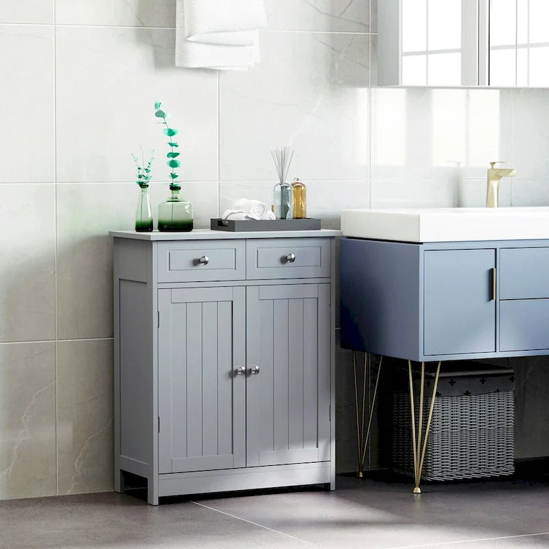 Wooden Bathroom Freestanding Floor Cabinet with 2 Doors, 2 Drawers and Adjustable Shelf