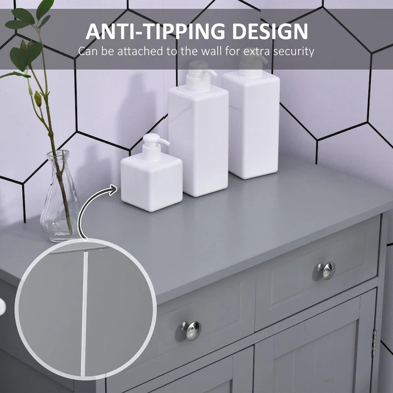 Meuble de salle de bain sur pied en bois avec 2 portes, 2 tiroirs et étagère réglable