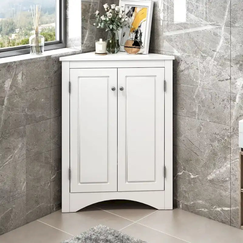 Meuble de rangement triangulaire blanc pour salle de bain avec étagères réglables, meuble sur pied pour cuisine.