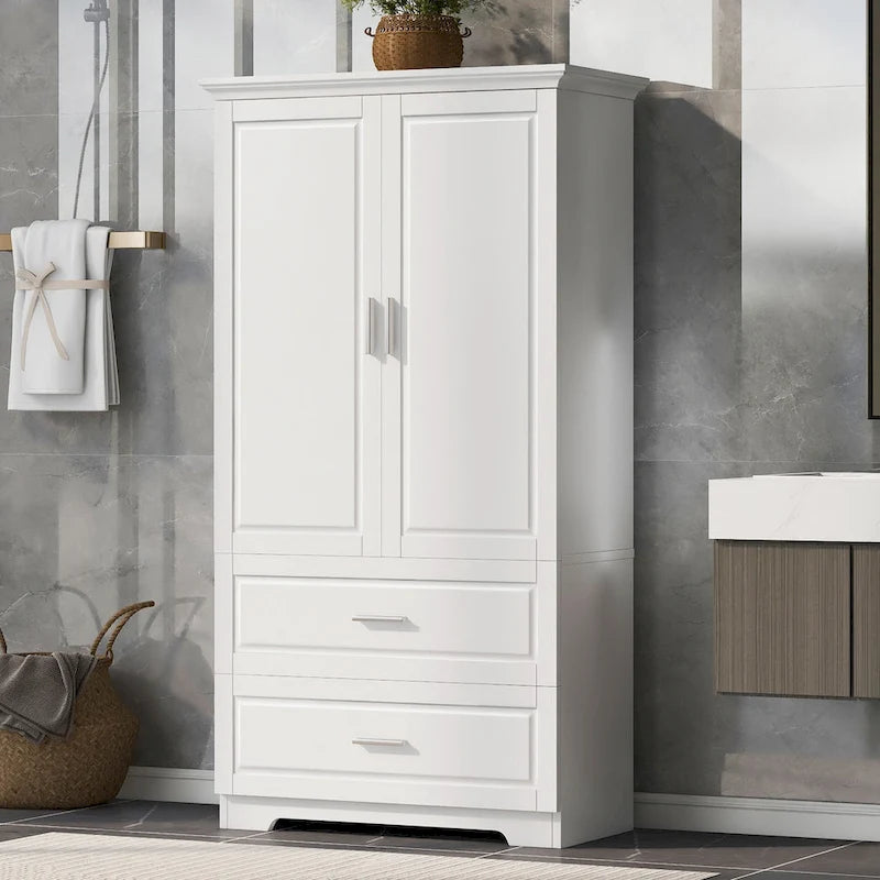 63 Tall Wood 2-door Bathroom Cabinet in White with Adjustable Shelf