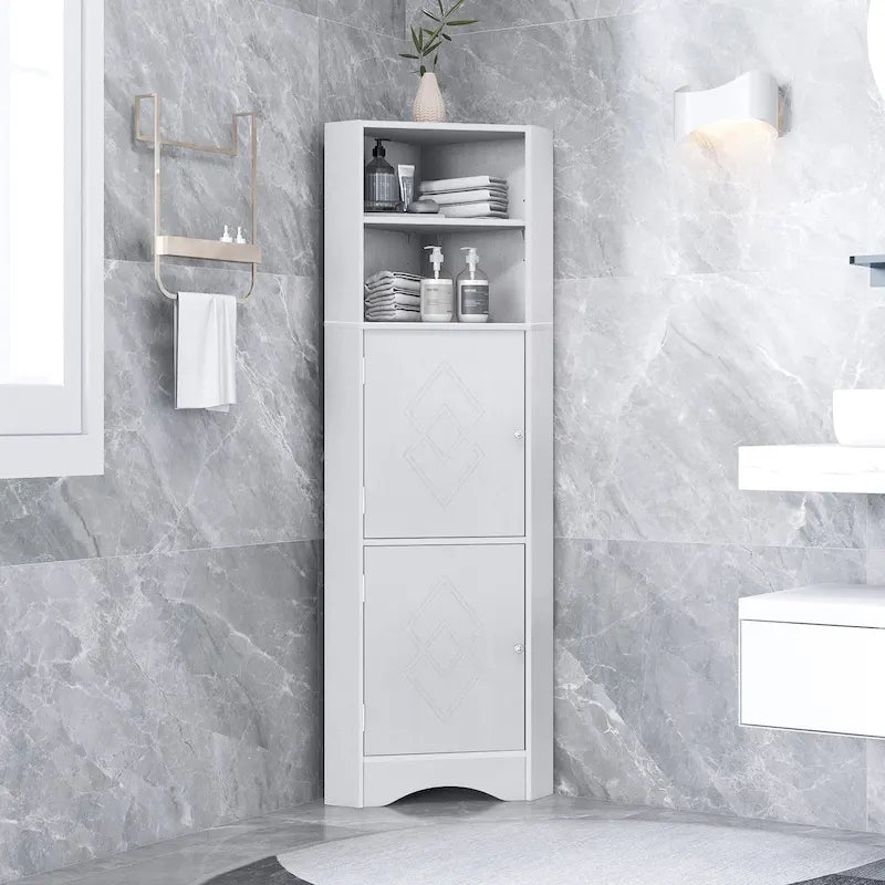 Armoire d'angle haute pour salle de bain, meuble de rangement autoportant avec portes et étagères réglables