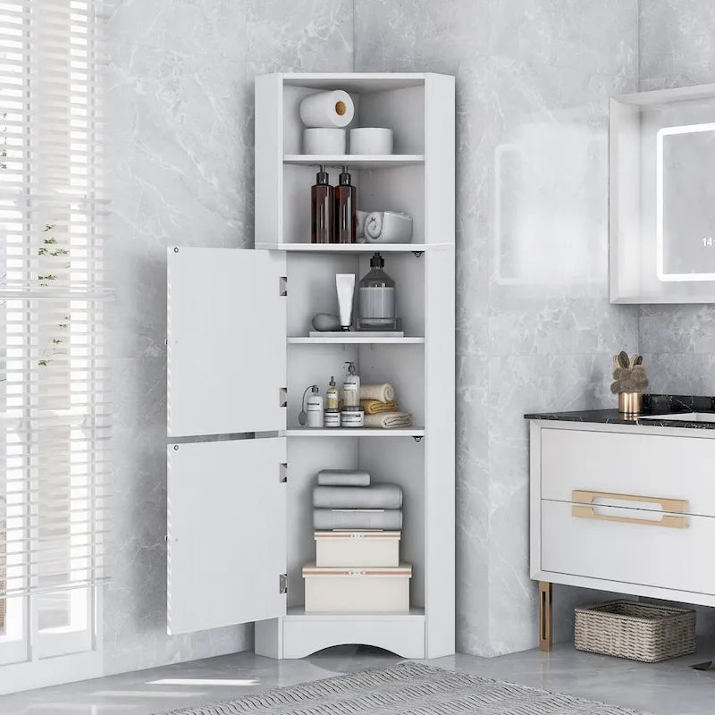 Armoire d'angle haute pour salle de bain, meuble de rangement autoportant avec portes et étagères réglables