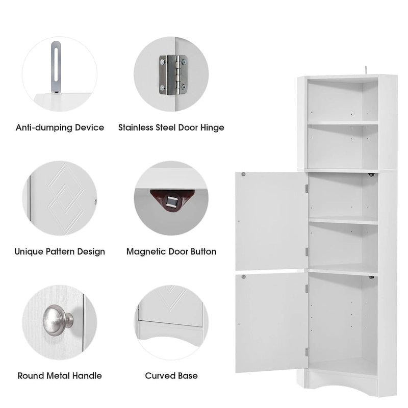 Armoire d'angle haute pour salle de bain, meuble de rangement autoportant avec portes et étagères réglables