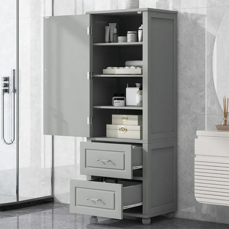 Armoire de rangement haute pour salle de bain avec deux tiroirs et étagère réglable